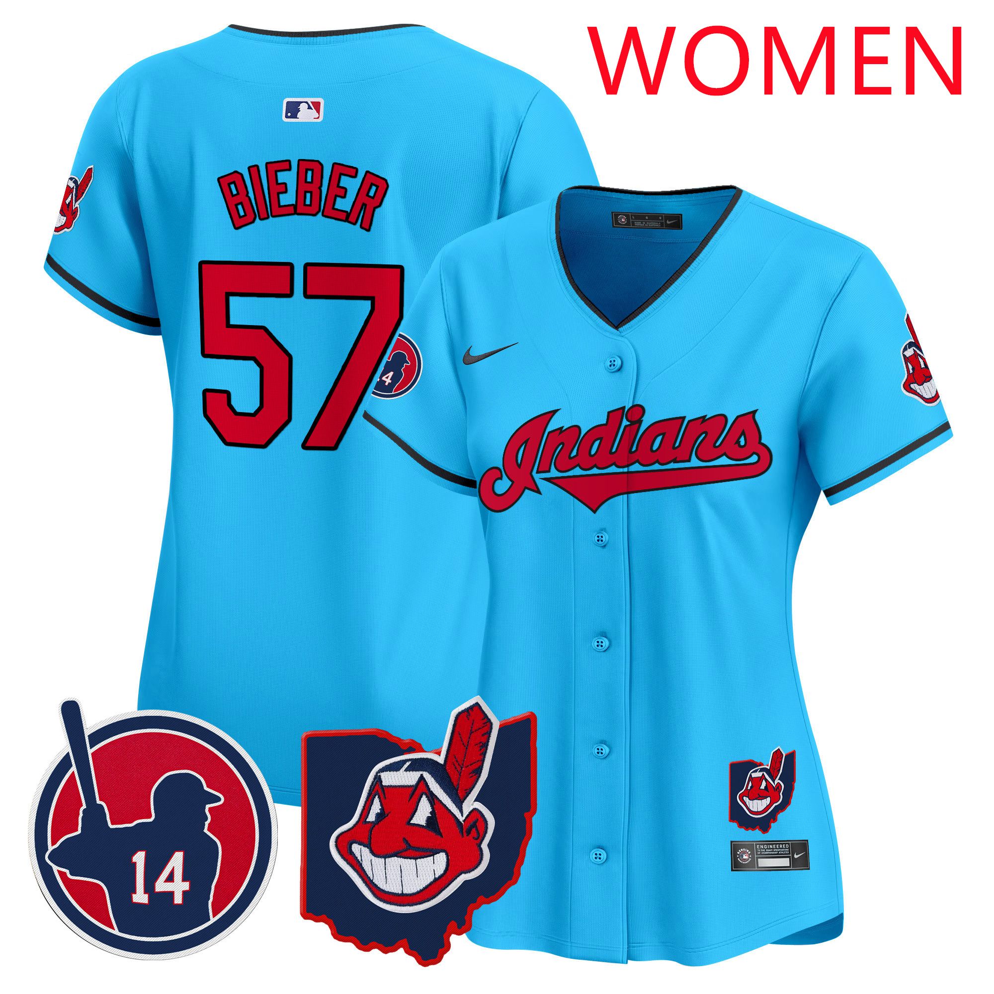 Women Cleveland Indians 57 Bieber Light Blue Nike 2025 Patch Vapor Premier Limited MLB Jersey